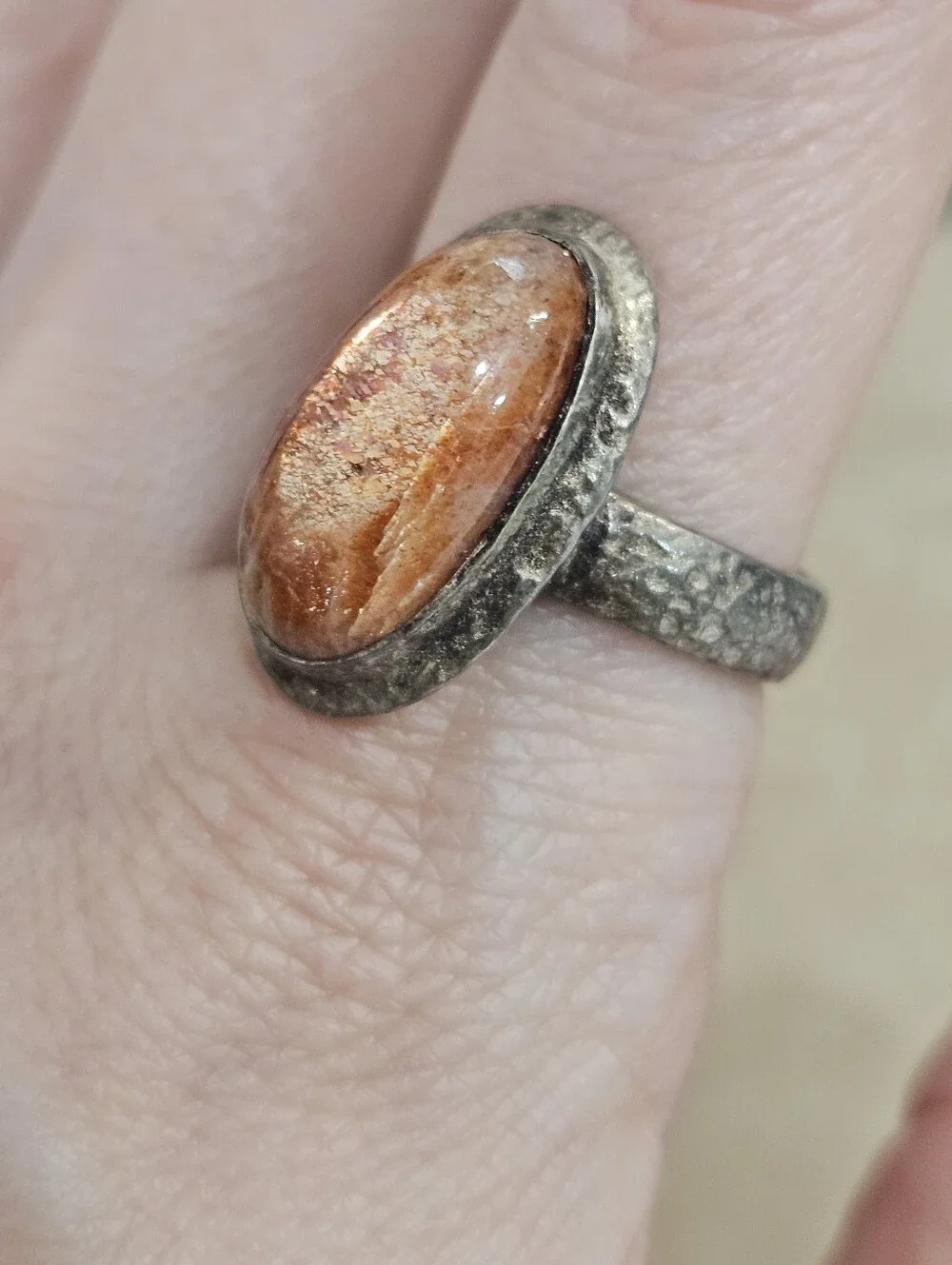 Sterling Silver Oval Sunstone Hammered Textured Band 925 Gemstone Ring Size 9 US